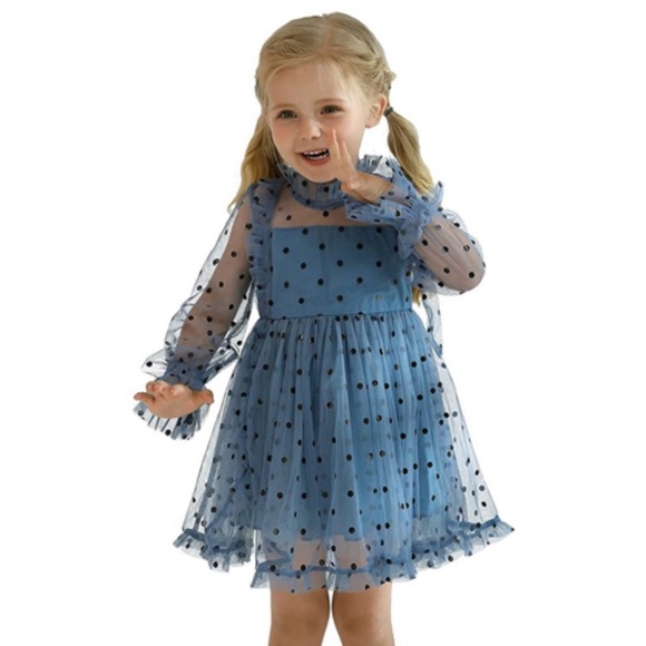 Girls Long Sleeve Polka Dot Tulle Formal Dress - Picture 1 of 7